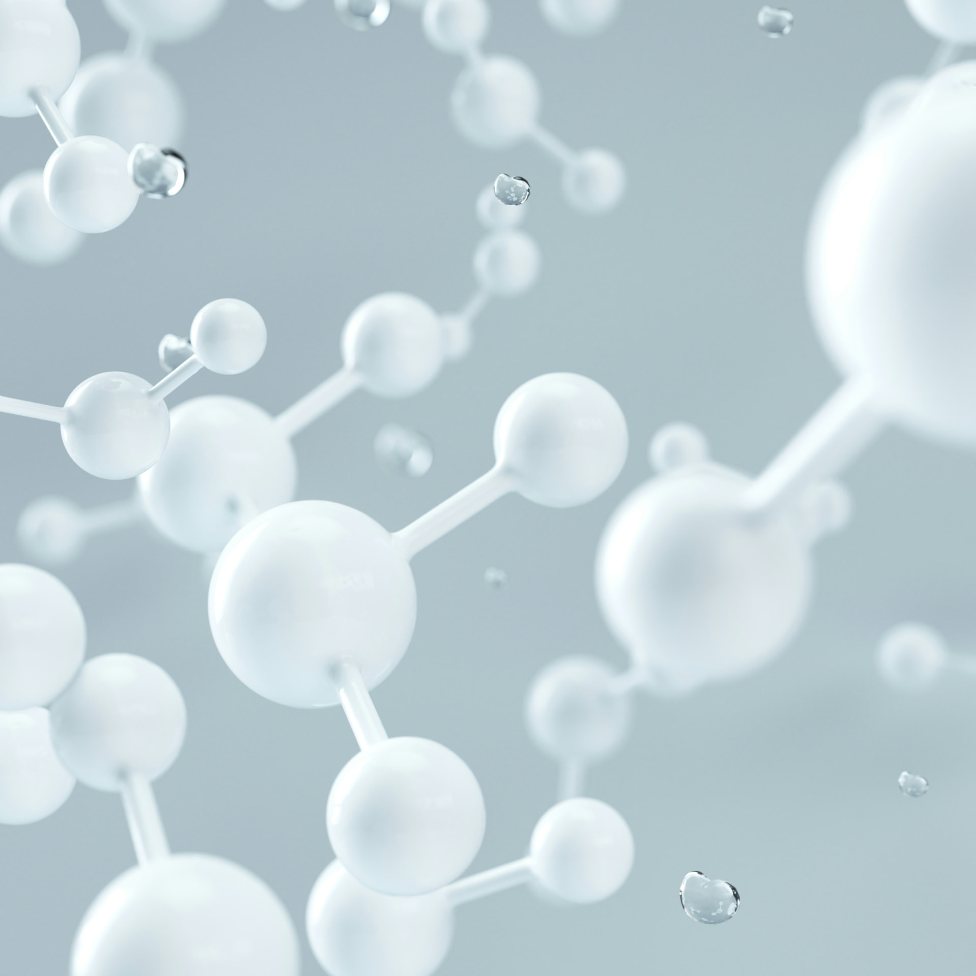 Abstract white ball-and-stick molecular structures floating on a pale gray field