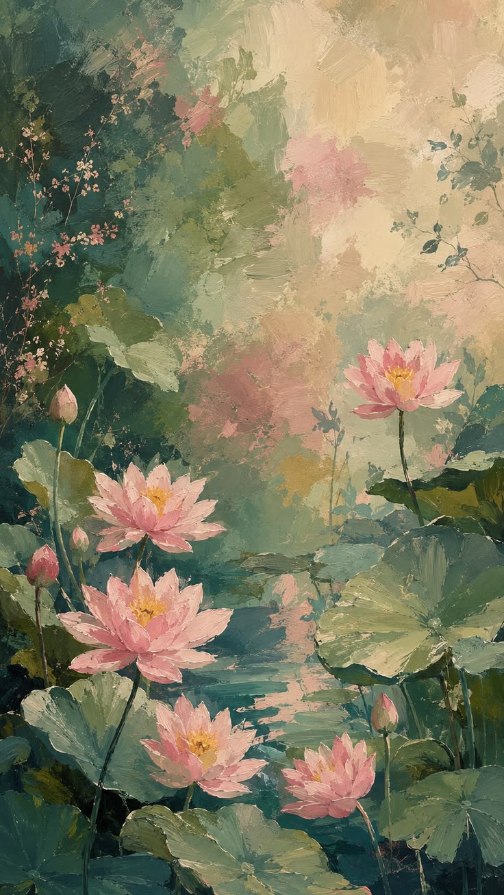 Impressionist painting of pink water lilies blooming among green lily pads