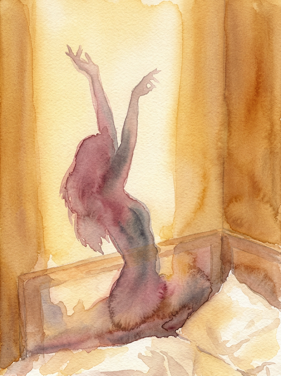 The shadow of a dancer with raised arms cast across a golden-lit bedroom wall