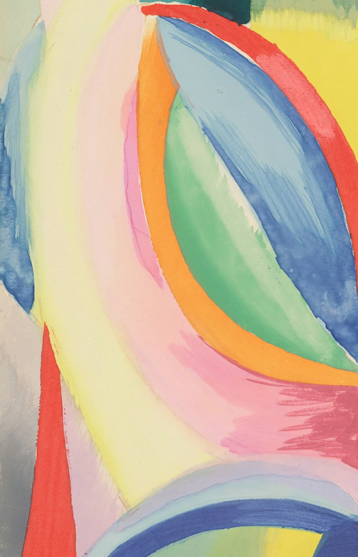 Sweeping painted ribbons in coral, blue, green, yellow and pink
