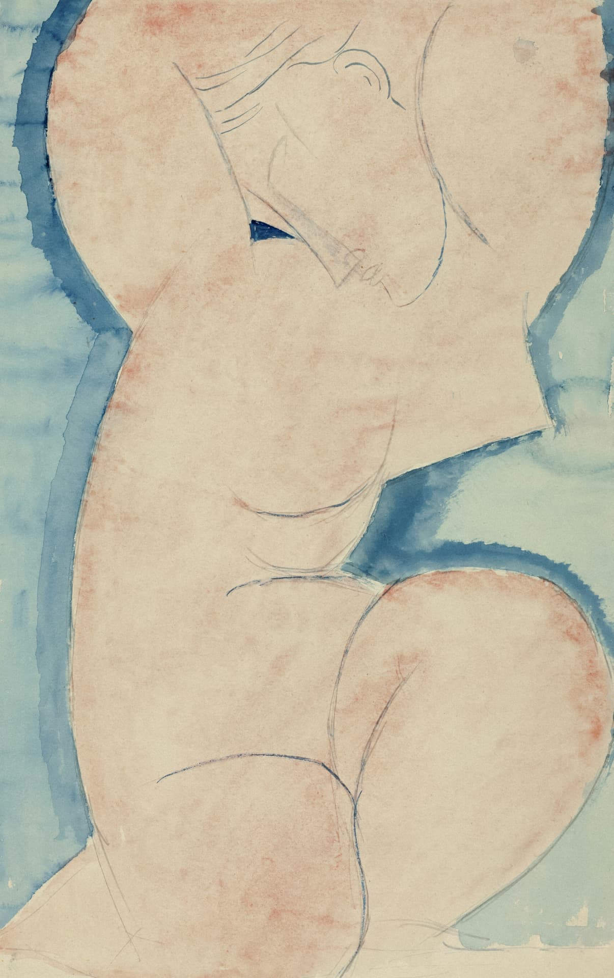 Modernist watercolour drawing of a seated figure in blush and blue