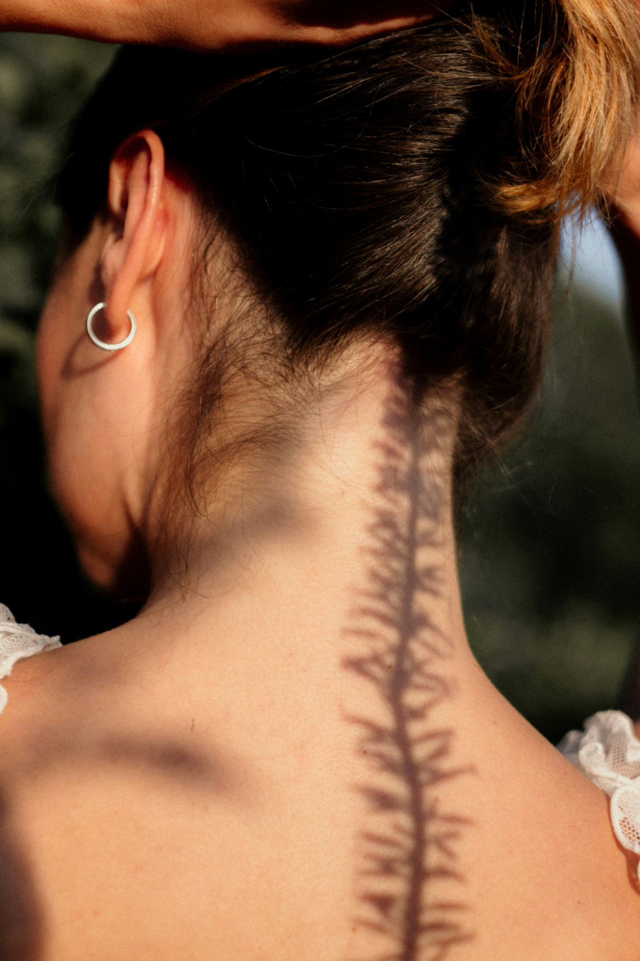 Sunlight casting a fern-shaped shadow along the back of someone's neck and spine